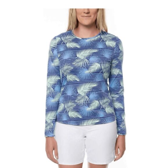 Hang Ten Women's Palm Stripe‎ Sun Tee, Blue Small - Picture 1 of 5